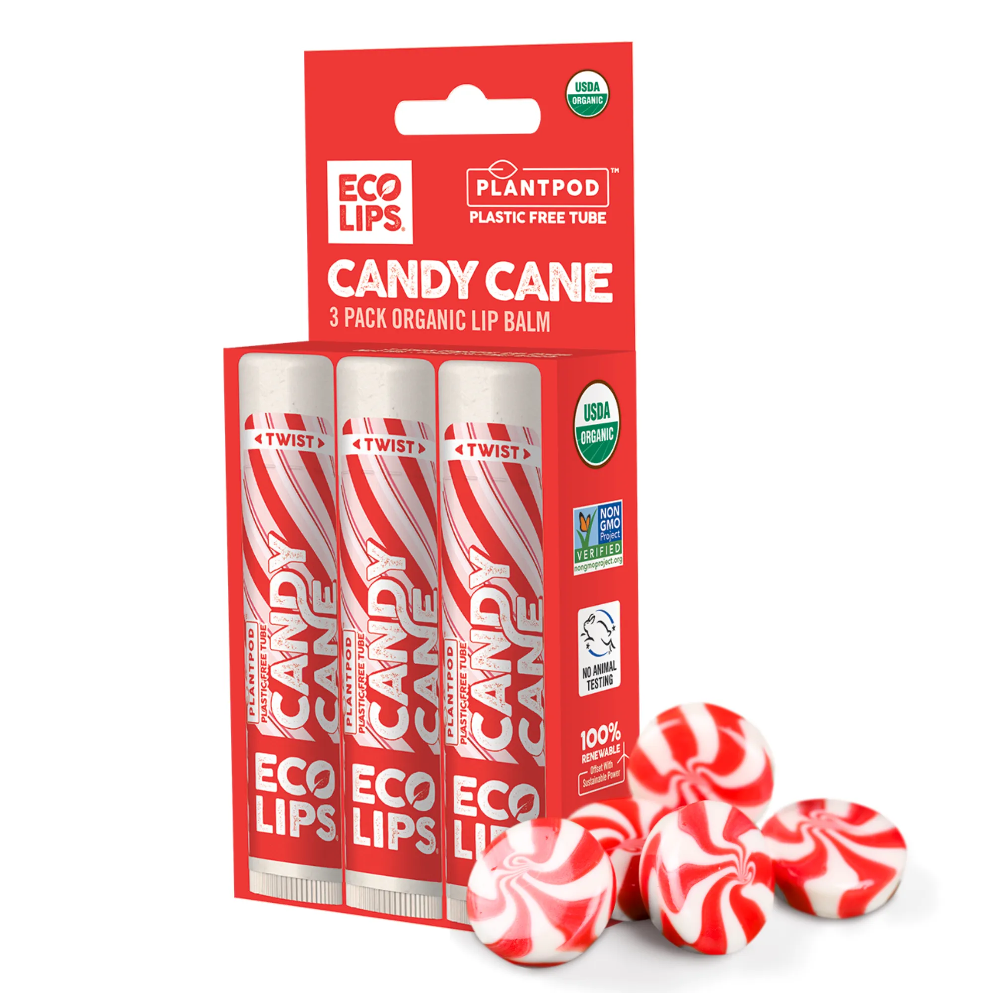 Candy Cane Plant Pod® Organic Lip Balm, 3 Pack Carton